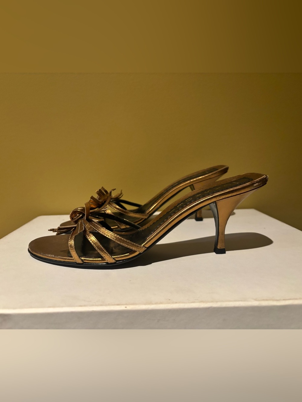 CASADEI Strappy Bronze Metallic Leather Mule Sandal Bow Starburst Heel Vintage